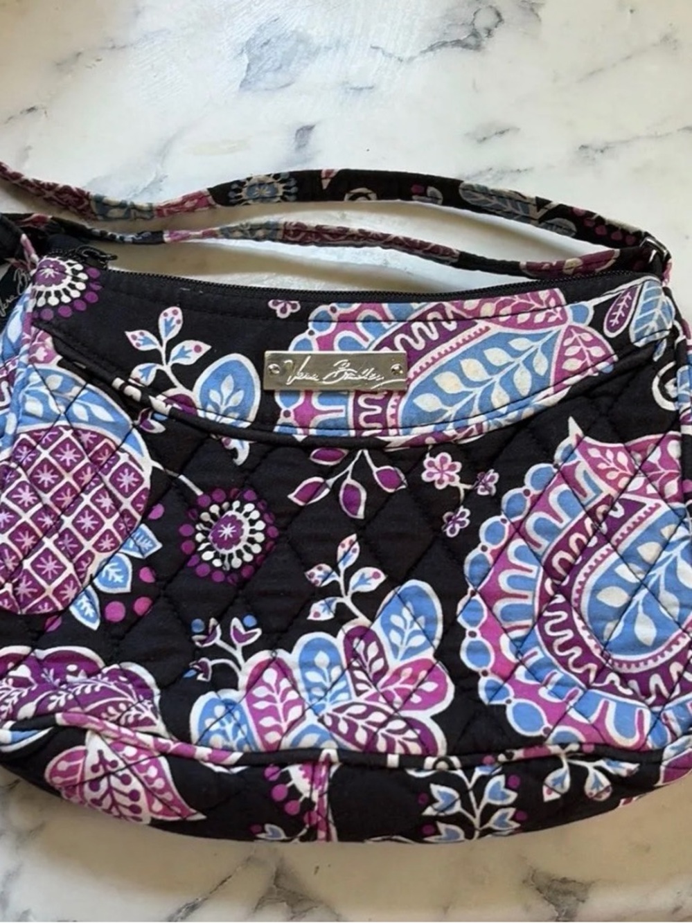 Vera Bradley Quilted Crossbody Bag - Black with Purple & Blue Paisley